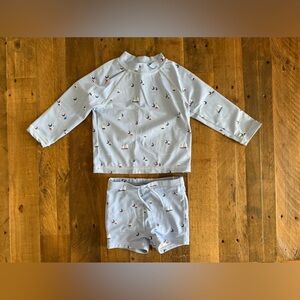 Janie and Jack - BABY RECYCLED BLUE SAILBOAT RASH GUARD SWIMSUIT - 12-18m